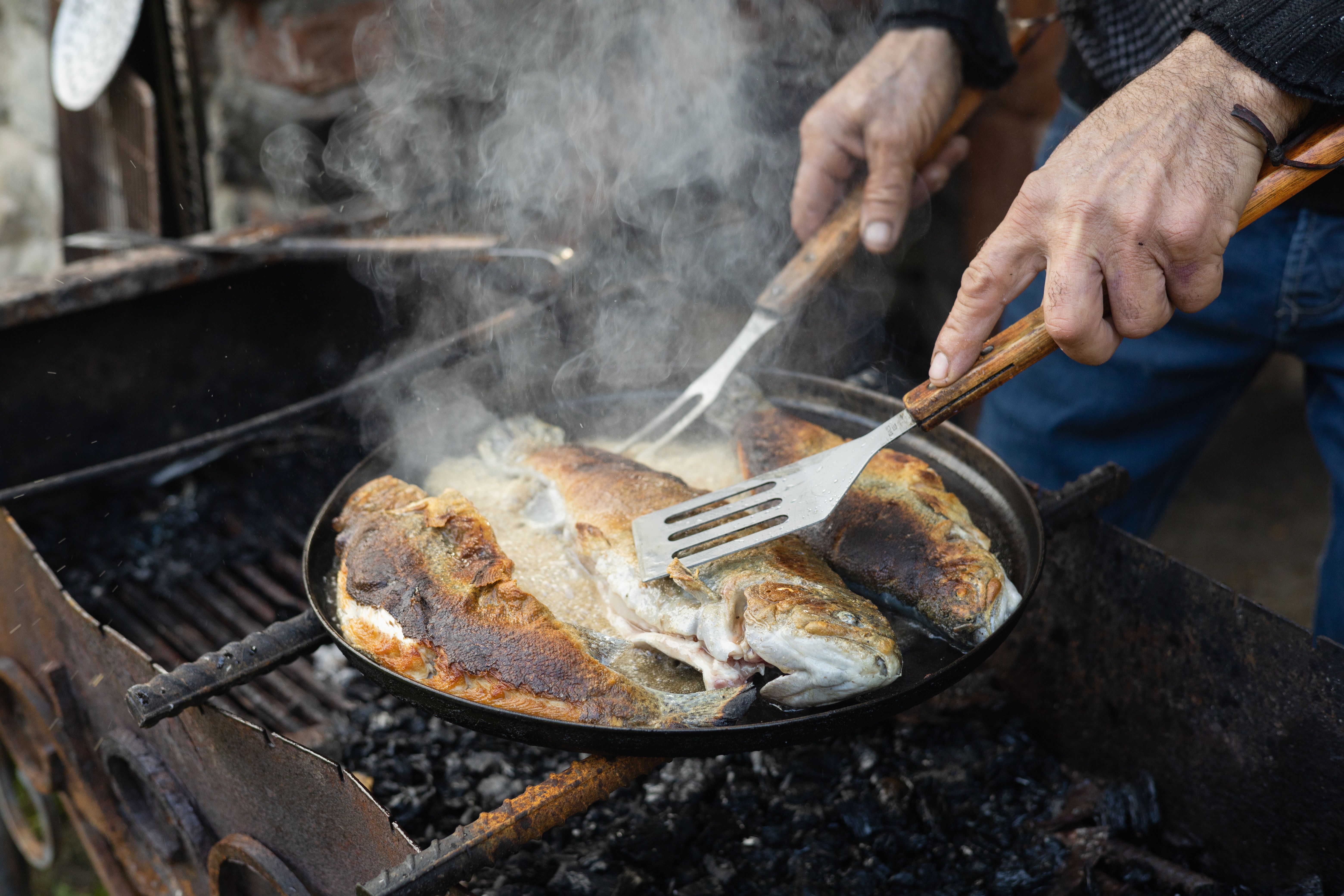 Fresh trout fried over coal