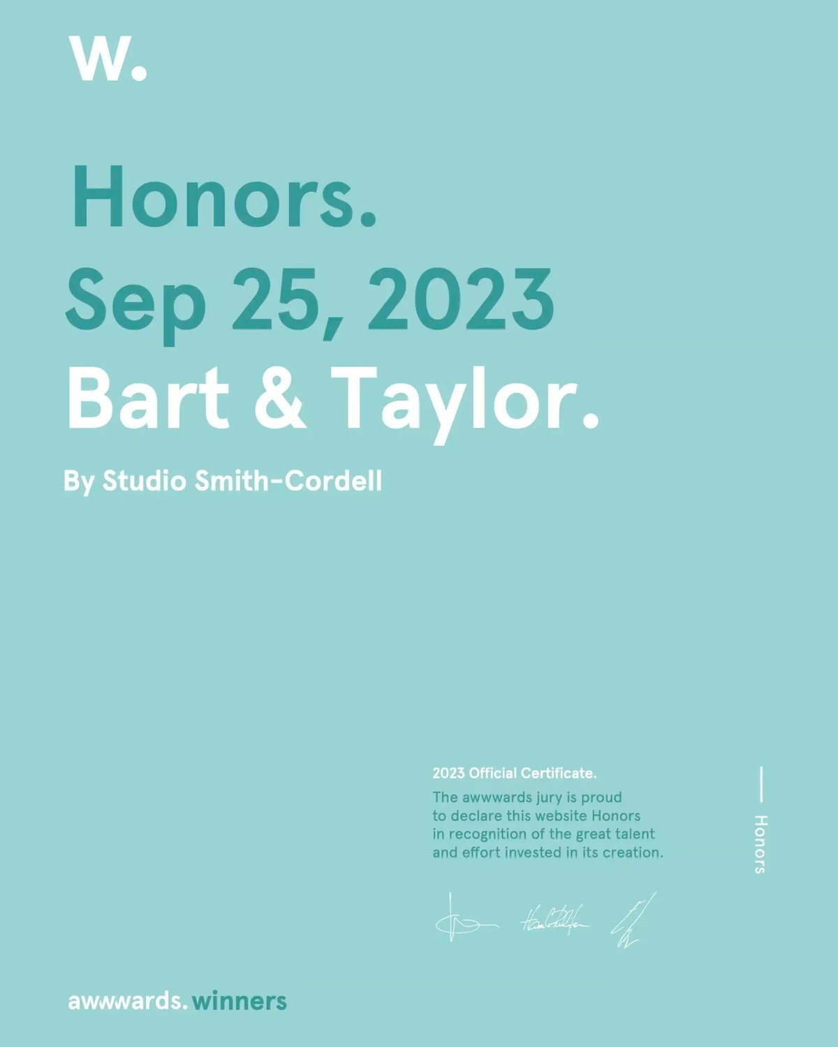 An Honors award certificate from Awwwards dated September 25, 2024 for the Bart & Taylor website.