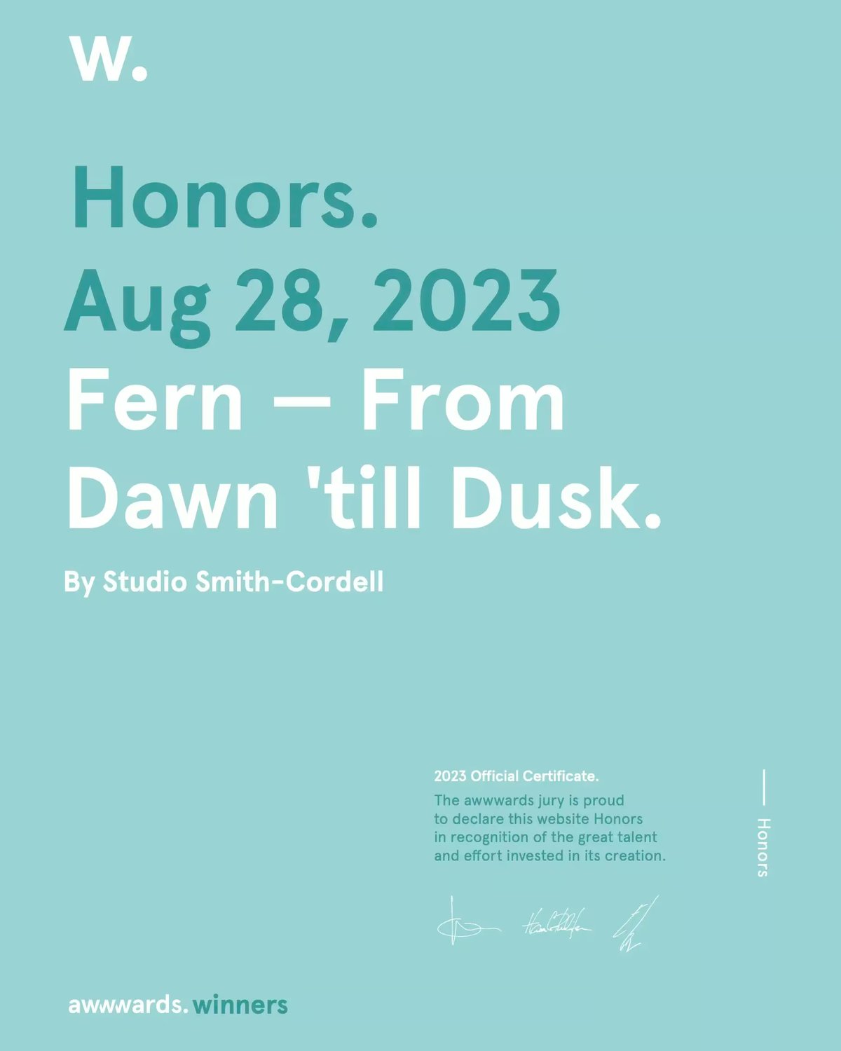 An Honors award certificate from Awwwards for the Fern website dated August 28, 2023.
