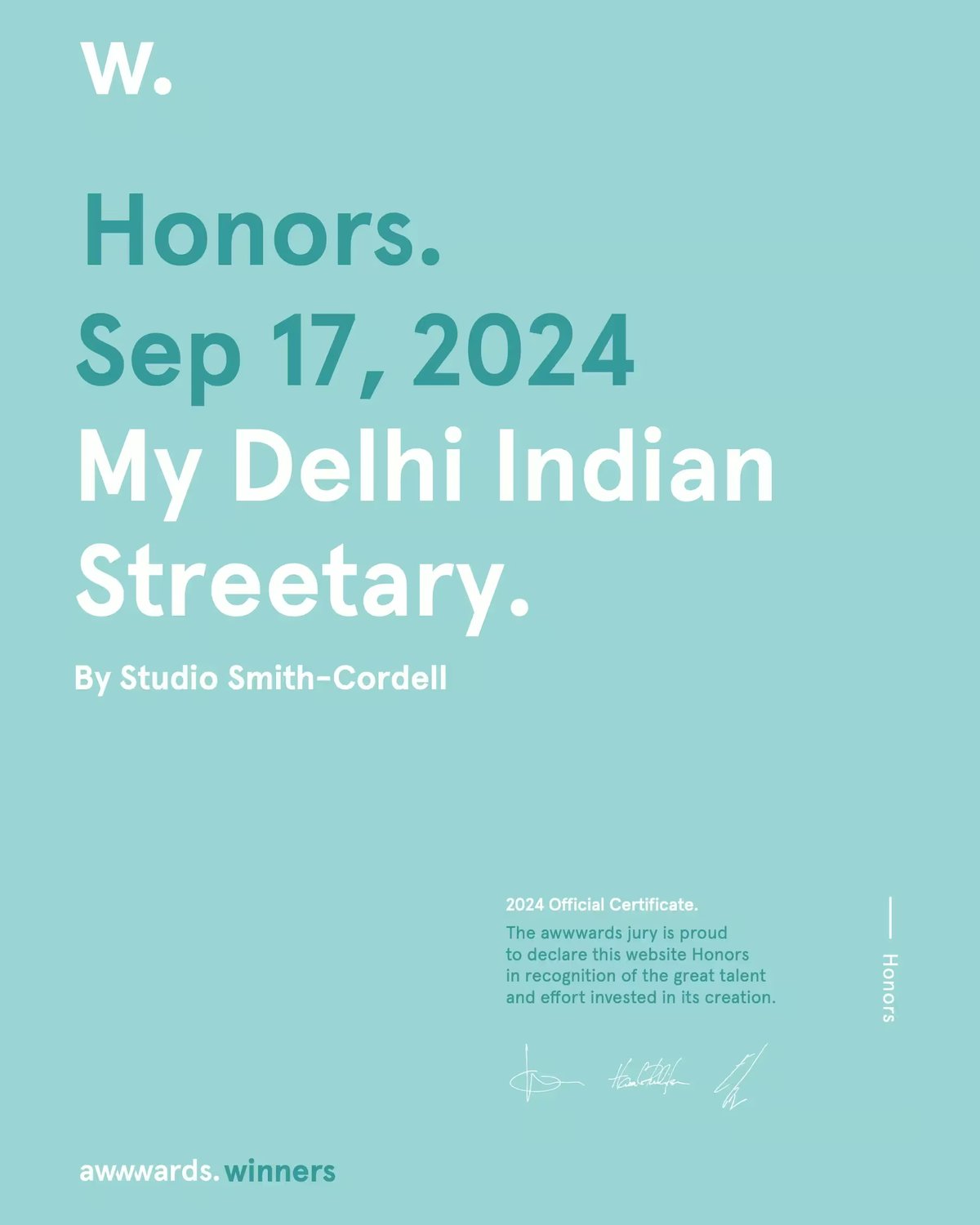 An Honors award certificate from Awwwards dated September 17, 2024 for the My Delhi website.