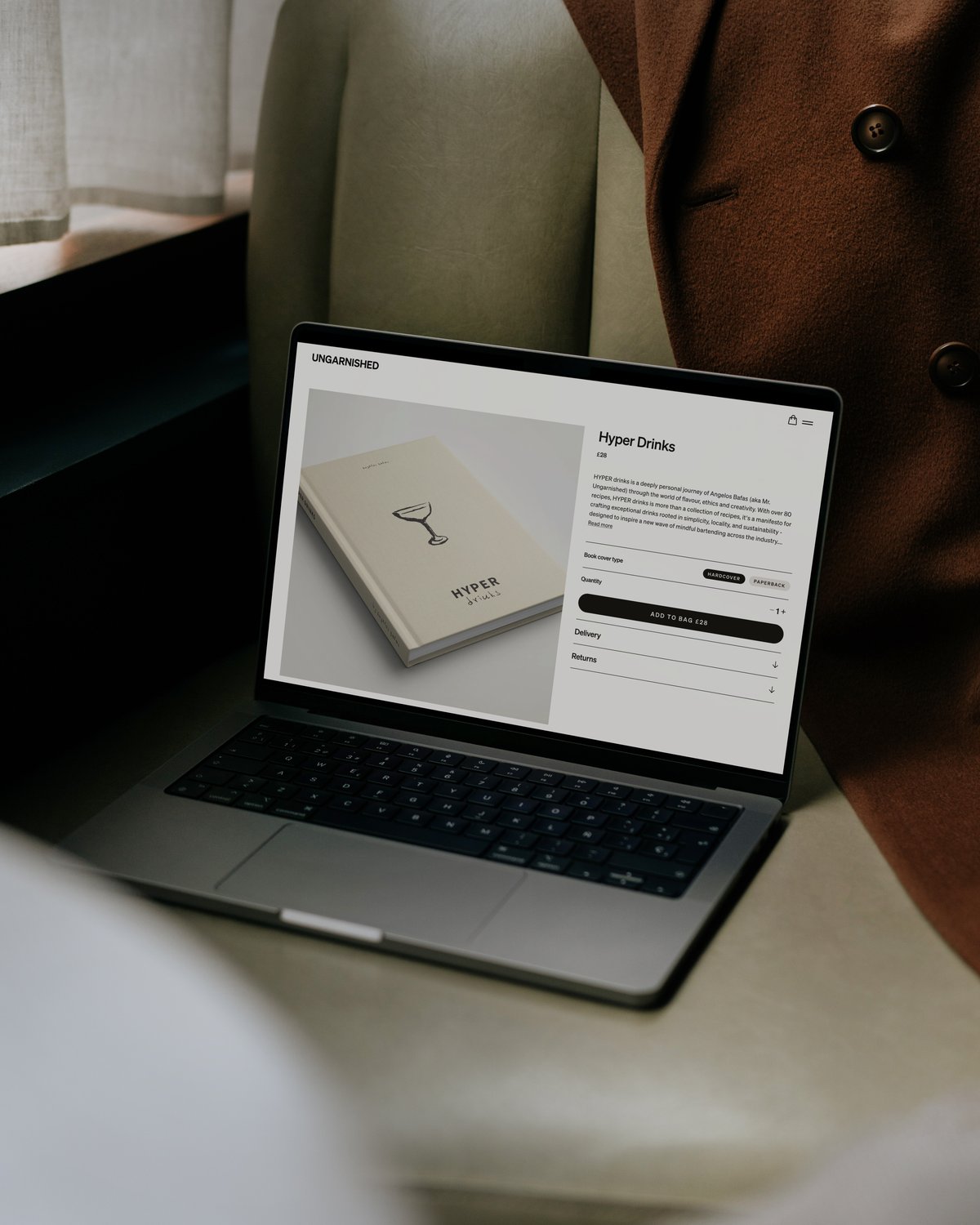 Laptop mockup showing the Ungarnished e-commerce product page for the Hyper Drinks book.