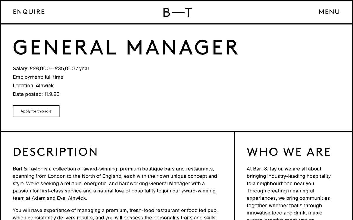 A screenshot of a job posting on the Bart & Taylor website.