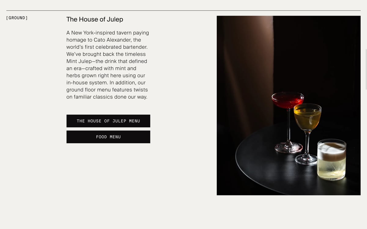A web section for “The House of Julep” tavern featuring story text, two dark menu buttons, and a photo of three artisan cocktail glasses on a dark table.