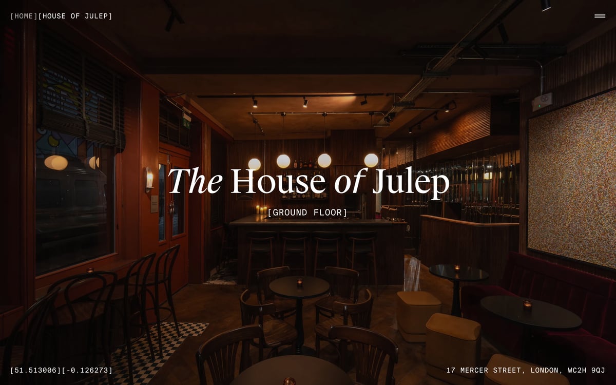Dimly lit interior of The House of Julep cocktail bar with warm, glowing globe lights, dark wooden tables, velvet seating, and decorative text reading “The House of Julep [GROUND FLOOR]”.
