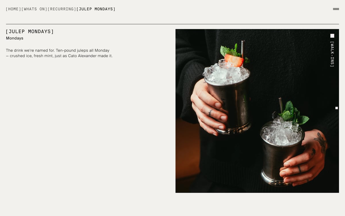 Screenshot of the “Julep Mondays” detail page, featuring event information on the left and a photograph of two silver mint julep cups on the right with a vertical “[ WALK-INS ]” label.