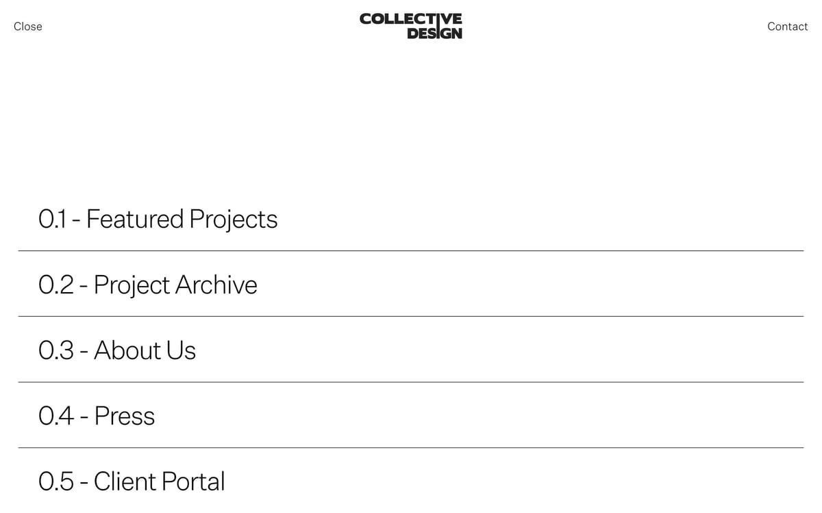 A screenshot of the full screen navigation menu on the Collective Design website