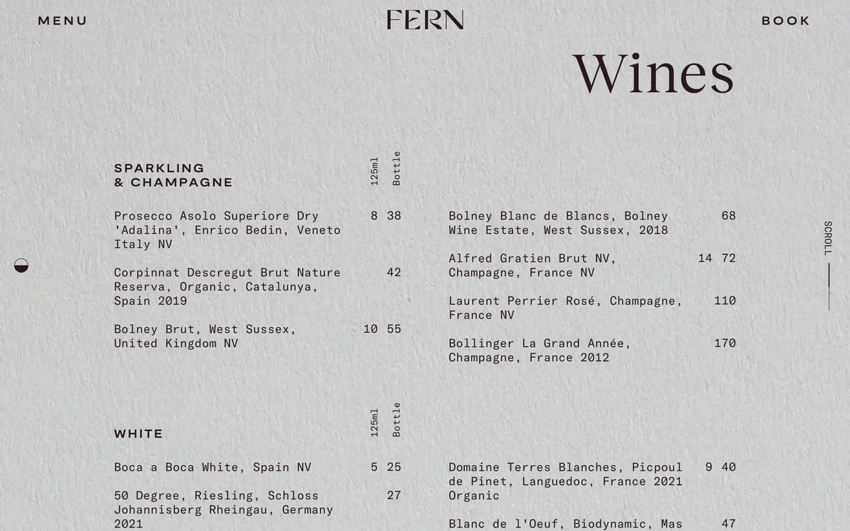 A screenshot from the drinks menu of the Fern website.