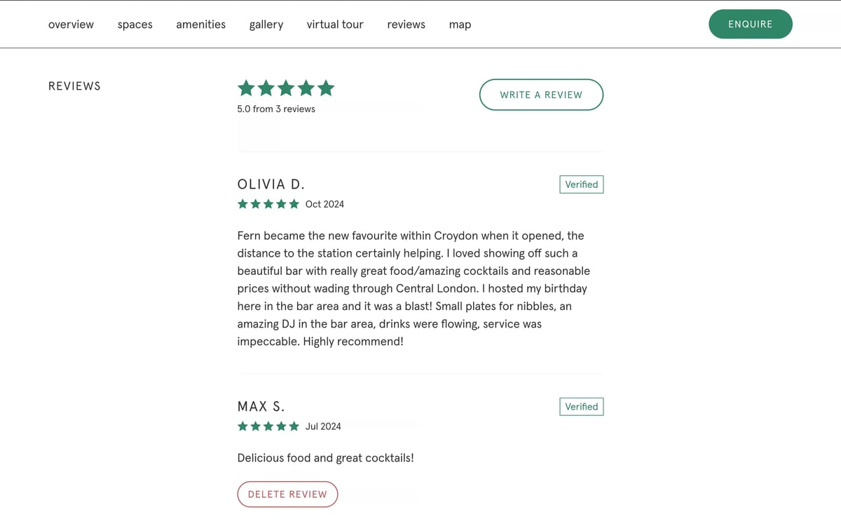An example of a review section from a venue page on the Private Venue Hire web application