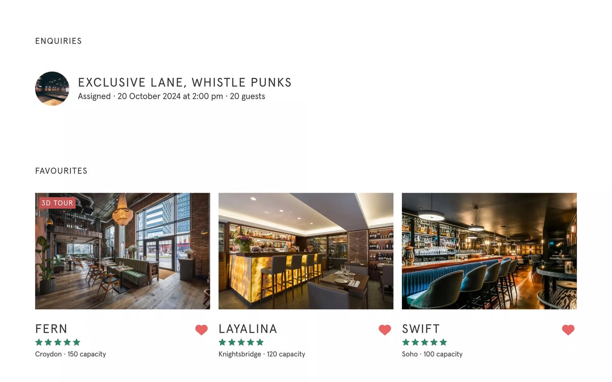 An example of a user's dashboard within the Private Venue Hire web application