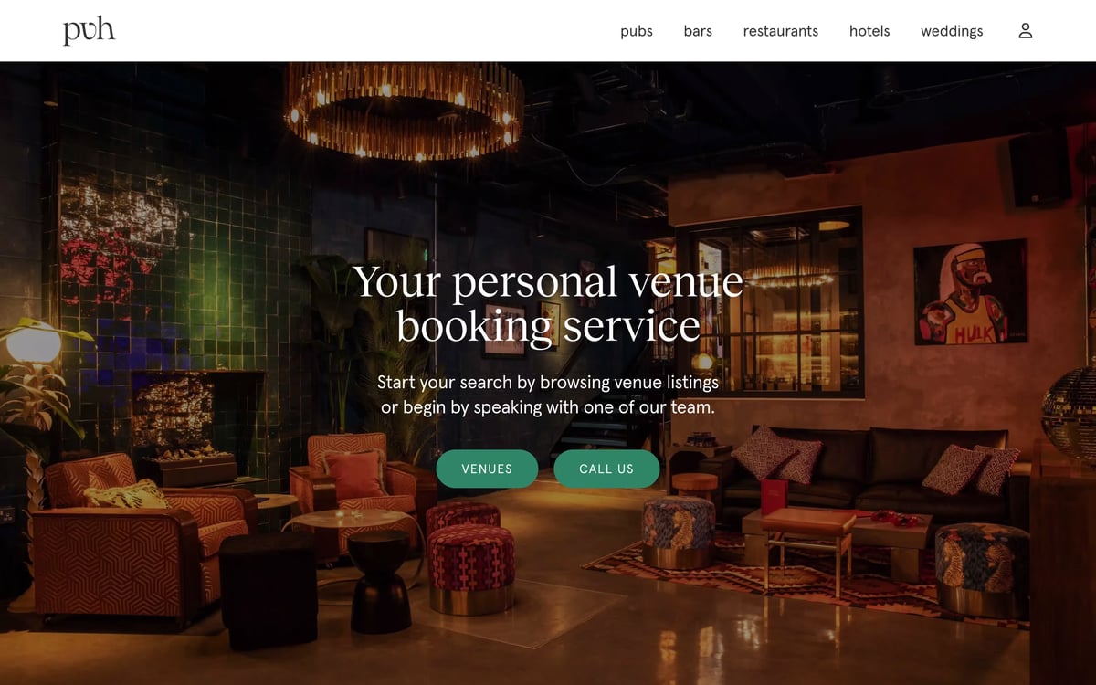 A screenshot of the homepage for Private Venue Hire