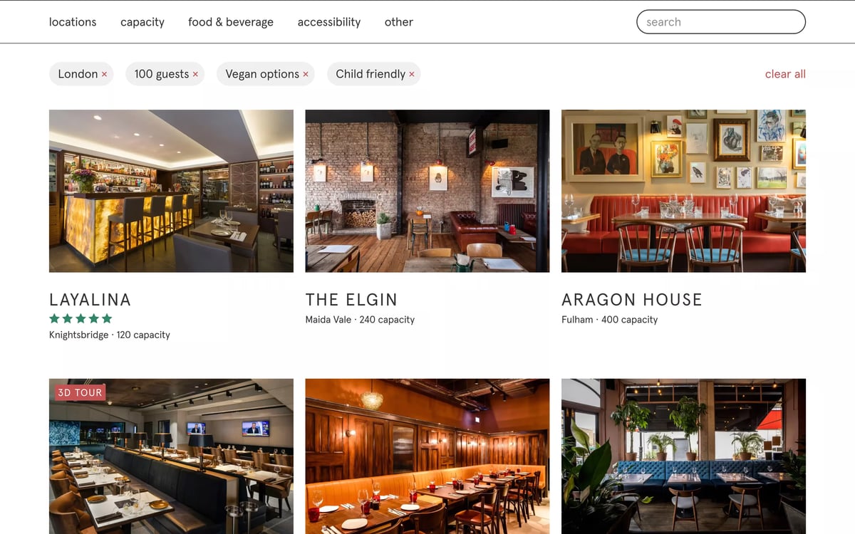 A screenshot of the venue listings page on the Private Venue Hire web application