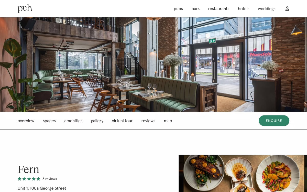 A screenshot of the hero section of a venue page on the Private Venue Hire web application