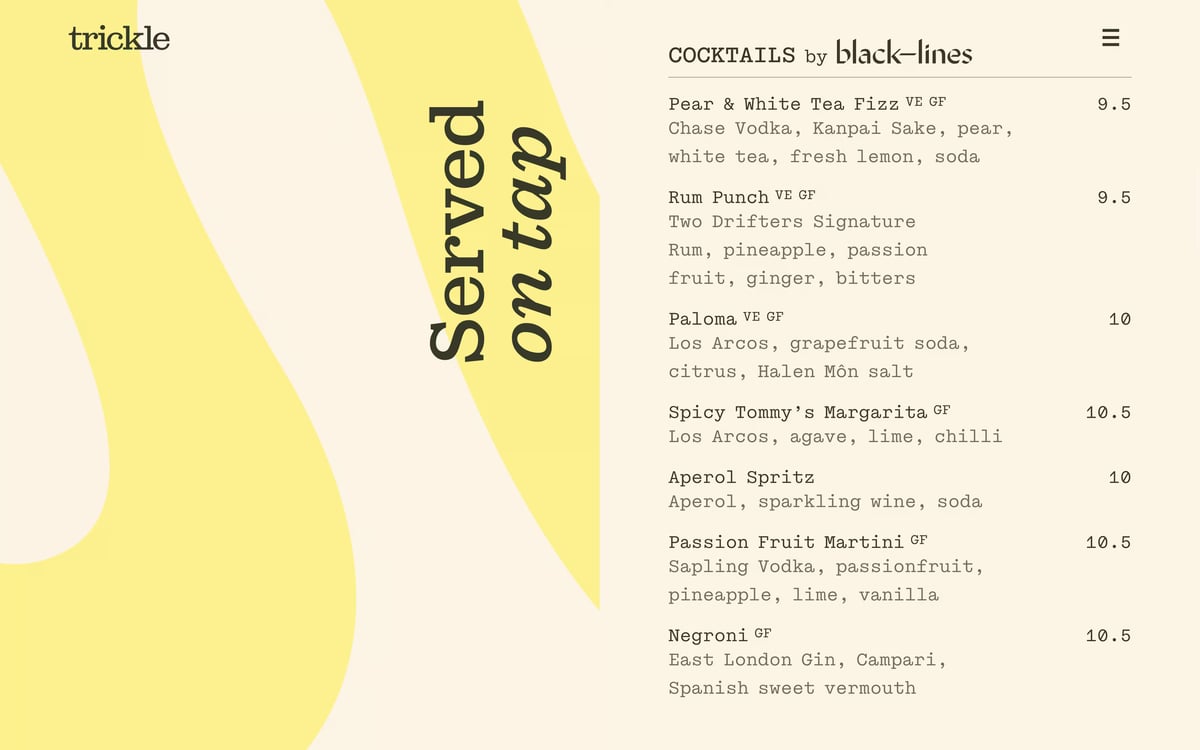 Screenshot of the digital drinks menu for Trickle, highlighting “Served on tap” cocktails by Black Lines with listed ingredients and prices.