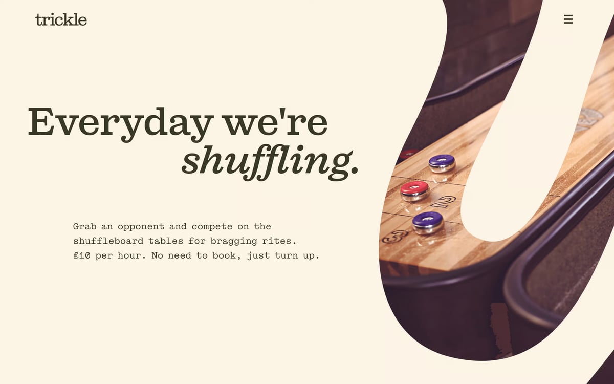 Screenshot of Trickle website section titled “Everyday we're shuffling,” featuring details about shuffleboard tables alongside an image mask showing a shuffleboard game in progress.