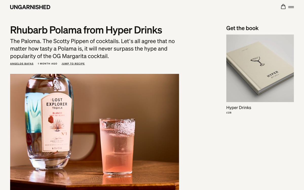Screenshot of the UNGARNISHED blog page featuring an article titled “Rhubarb Polama from Hyper Drinks”, a photo of a bottle of tequila next to a salted pink cocktail, and a sidebar promotion for the Hyper Drinks book.