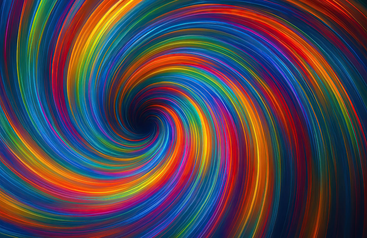 Abstract vortex of vibrant swirling rainbow light streaks.