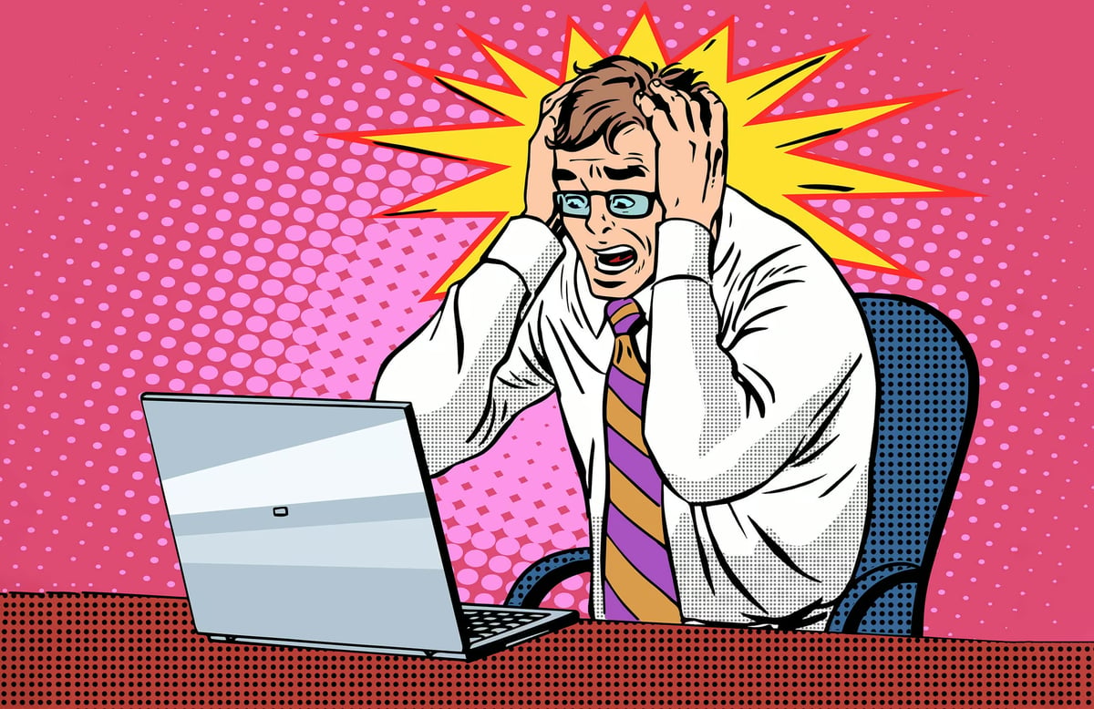 Pop art illustration of a panicked man with his hands on his head staring at a laptop.
