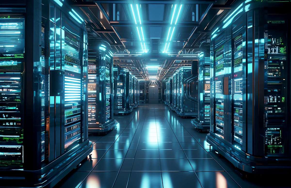 A futuristic server room filled with glowing server racks.