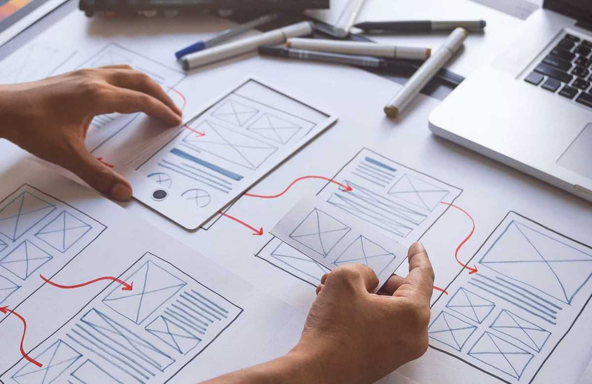 Hands arranging paper website wireframes and user flow sketches on a desk next to a laptop.