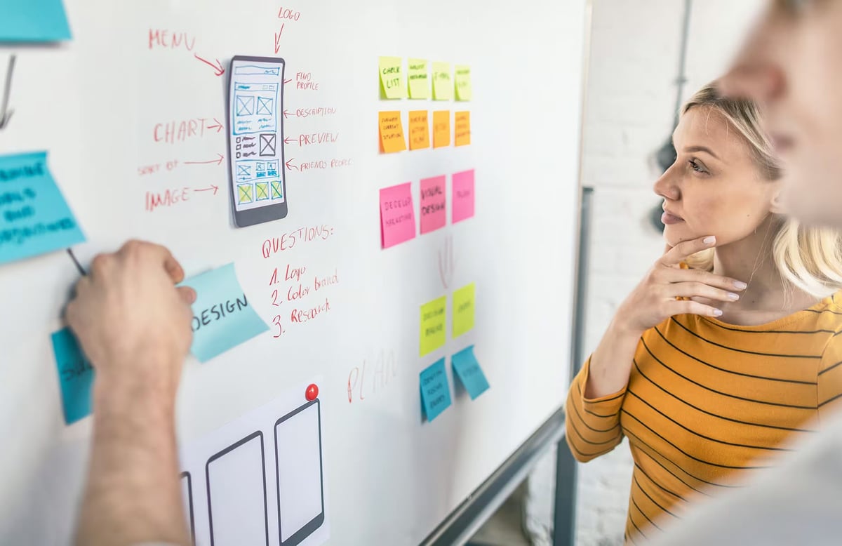 Two designers reviewing a whiteboard covered in colorful sticky notes and hand-drawn mobile UI wireframes.