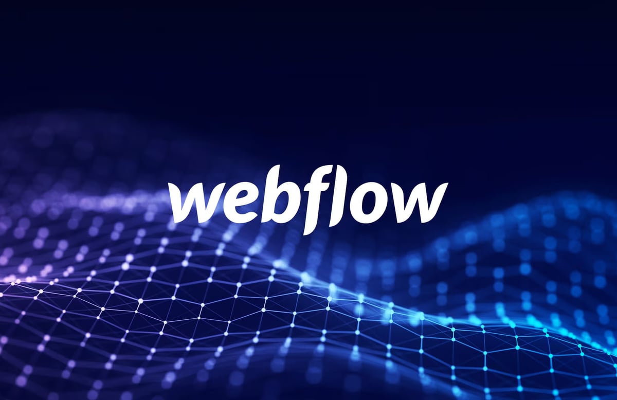 Webflow logo centered over a glowing blue and purple digital wireframe mesh.