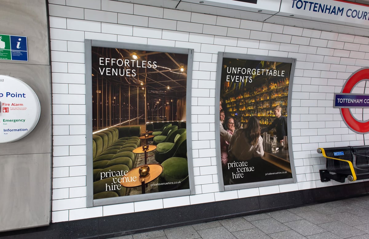 Two Private Venue Hire posters displayed side-by-side on the tiled wall of Tottenham Court Road Underground station.